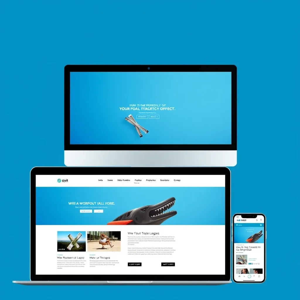 A split-screen image showing a website displayed on a desktop, laptop, tablet, and mobile phone. The website layout adapts perfectly to each screen size, showcasing seamless transitions and an optimal viewing experience across all devices. The background is a vibrant blue, and the website content is clean and modern with high-quality imagery.
